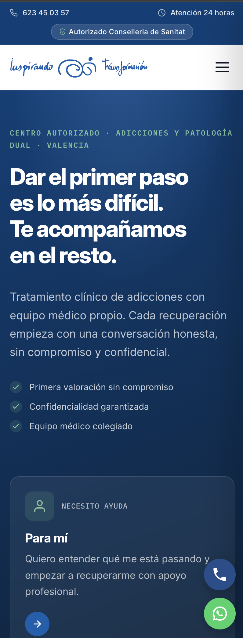 Web de Inspirando Transformación en móvil, con acceso directo a primera valoración